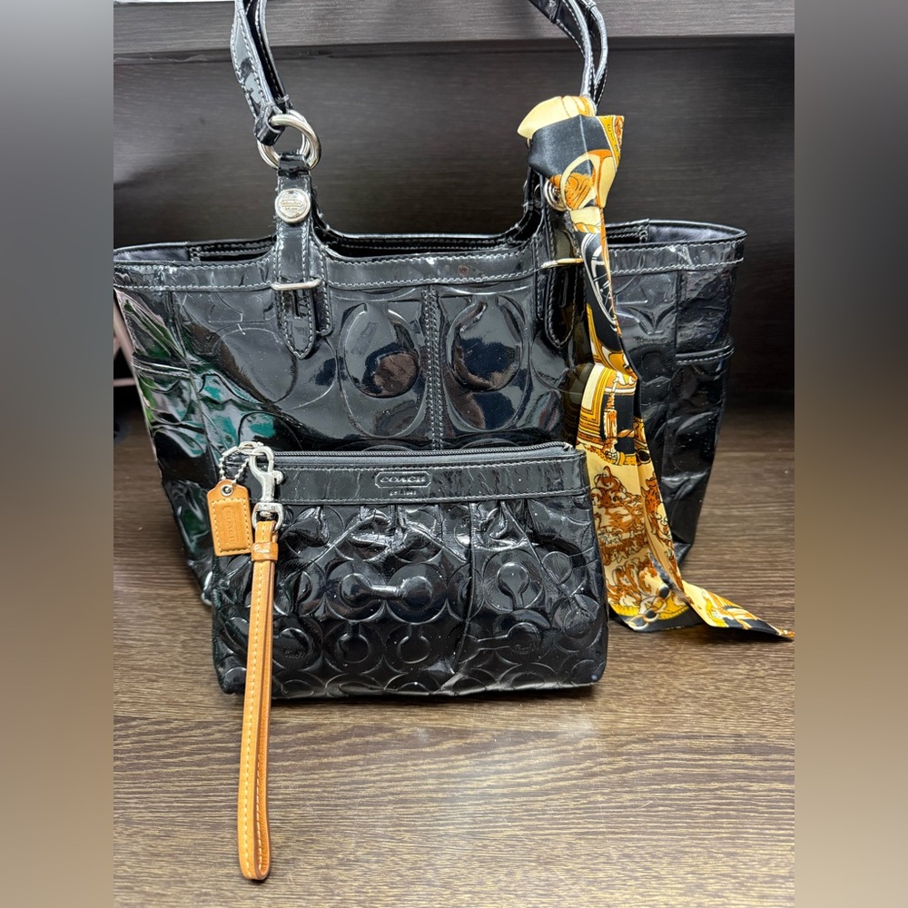 Coach Black Embossed Tote and Pouch Set